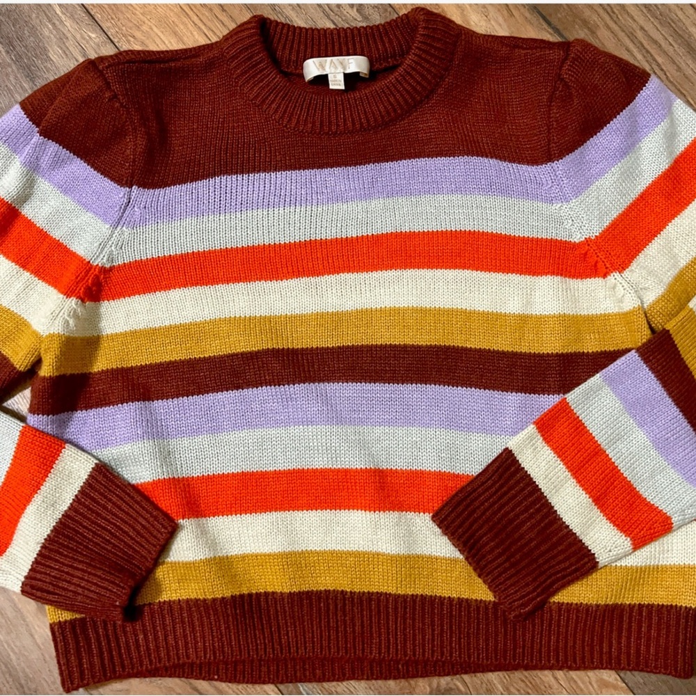 WAYF Size S Colorful Striped Emma Puff Sleeves Sweater Ribbed Collar NWOT